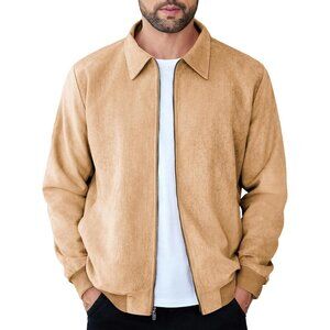 Men's Light Tan Casual Lightweight Bomber Jacket Zip Up Faux Vintage Leather